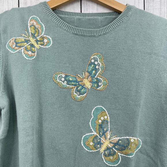 American VINTAGE SMALL 80's Butterfly Embroidered Knit Sweater Short Sleeve - Picture 4 of 9